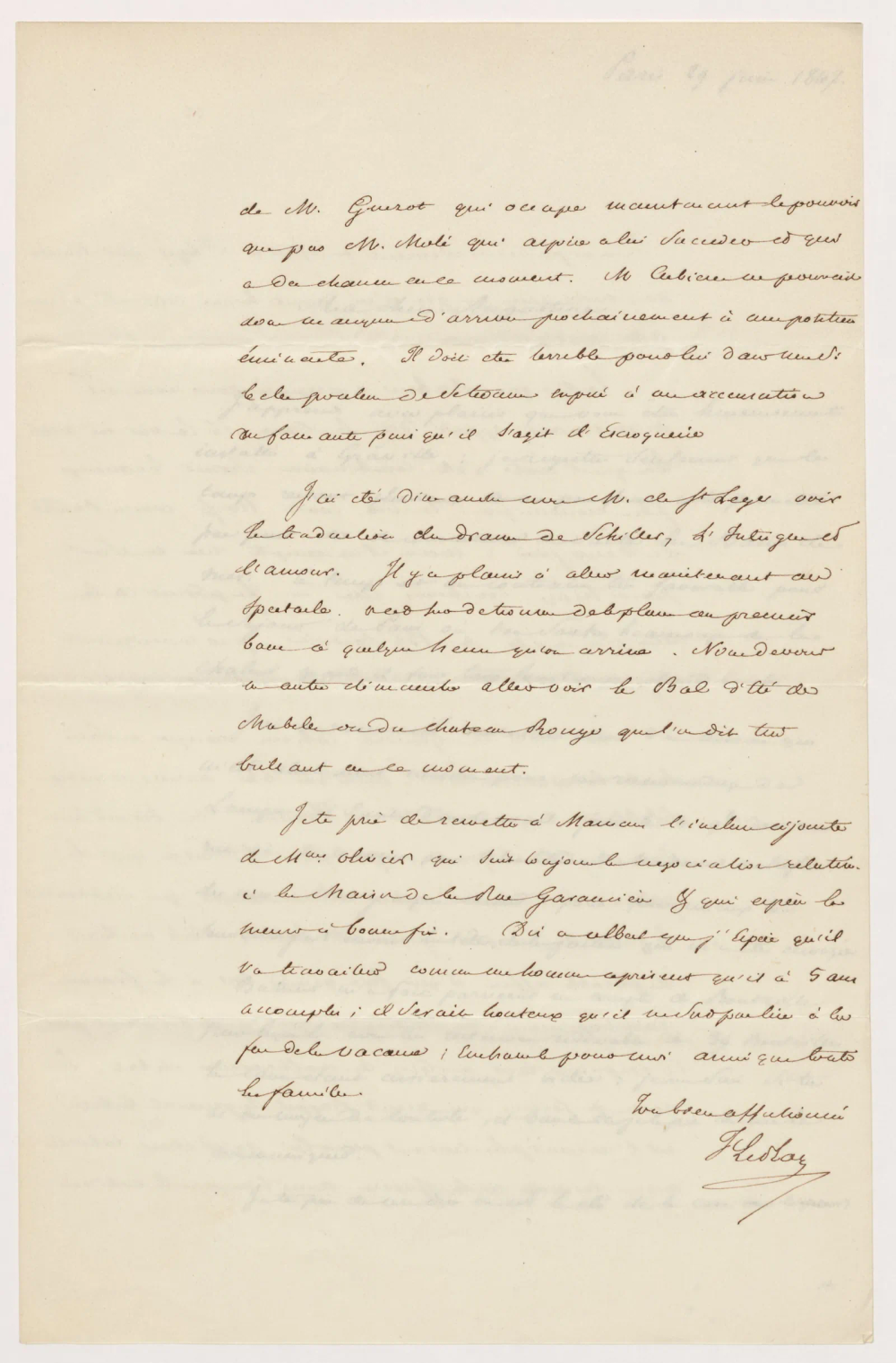 Dernière page d’une lettre manuscrite datée de Paris, terminée par une formule d’affection et la signature de Frédéric Le Play.