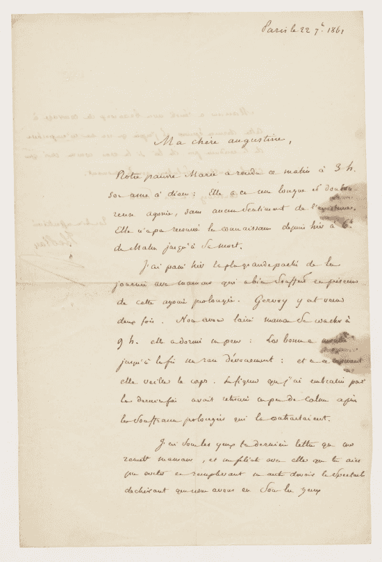 Première page d’une lettre manuscrite datée de Paris et adressée à Augustine, encre brune sur papier taché, marqué par la transparence du verso.