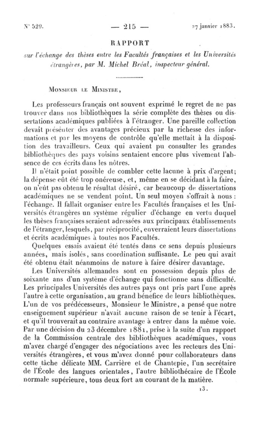 Première page d'un rapport adressé au ministre par un inspecteur général.