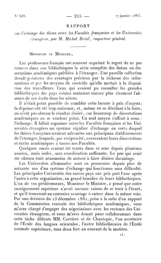 Première page d'un rapport adressé au ministre par un inspecteur général.