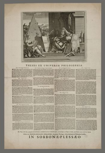 Placard featuring an engraving of two female allegories with globes, measuring instruments and books, alongside printed text.