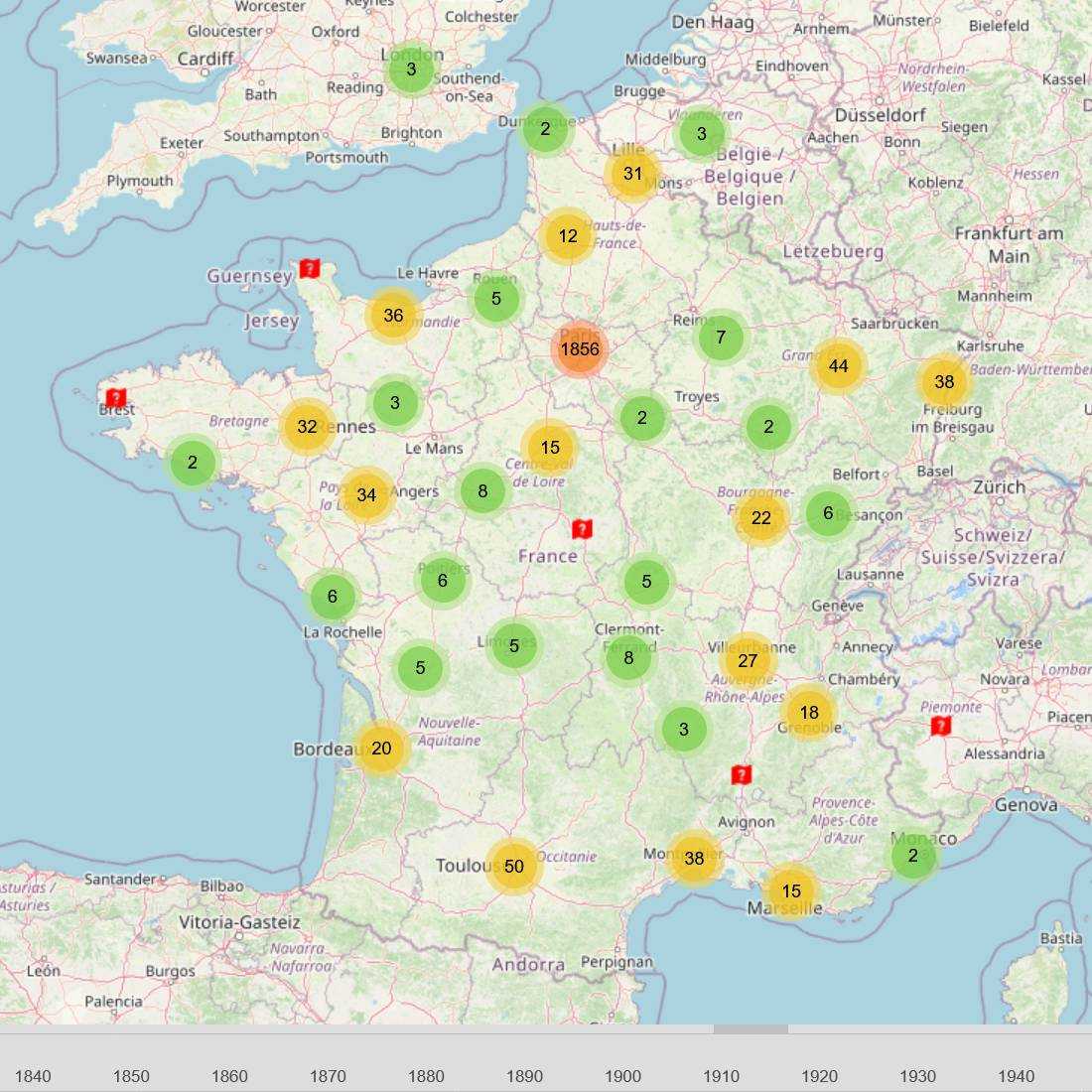 Dots of varying sizes showing the distribution of thesis publishing locations on a map of France.