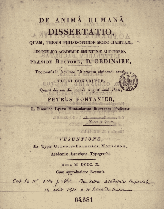Première page de la thèse latine de Pierre Fontanier, De anima humana.