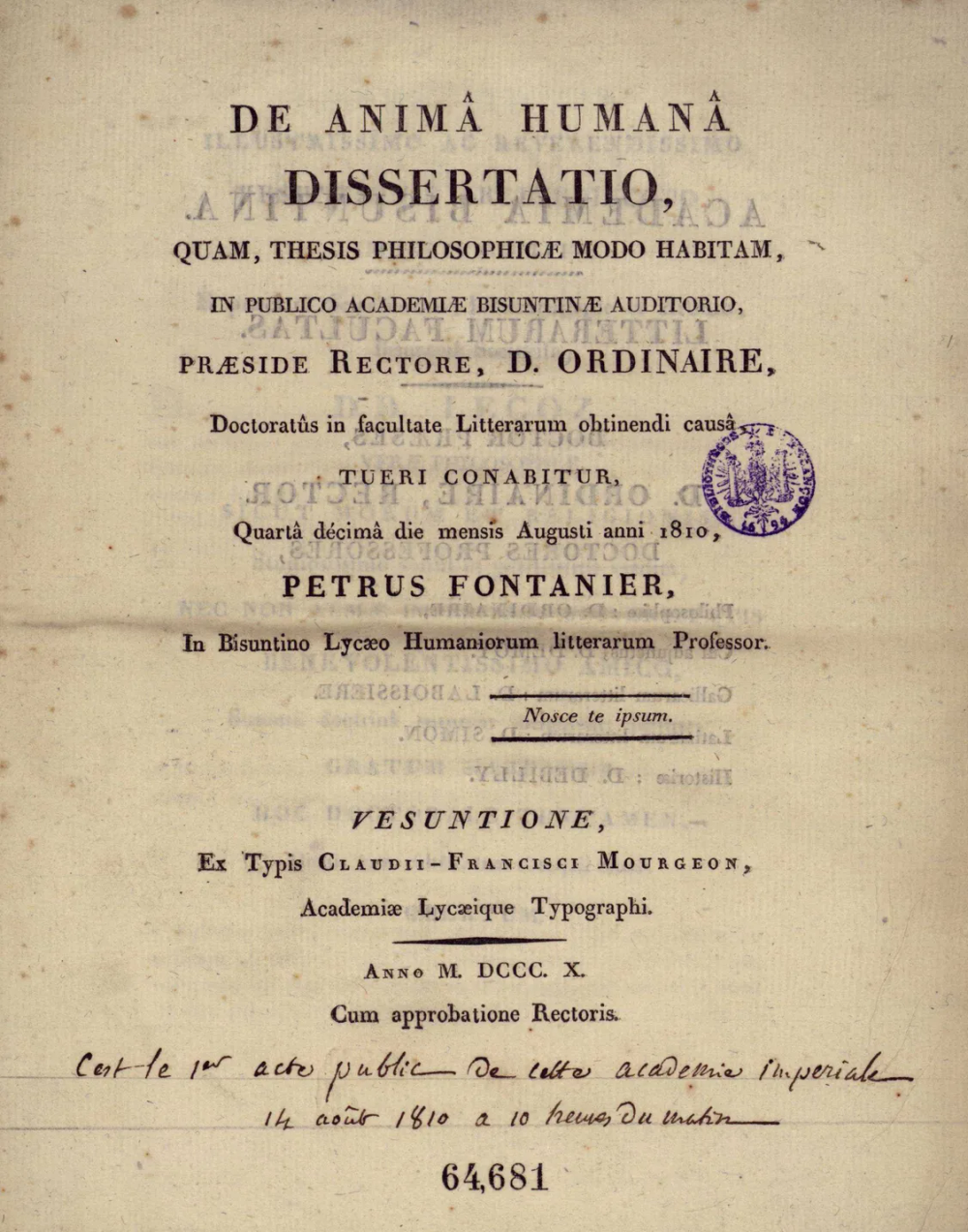 Title page of Pierre Fontanier's Latin thesis, De anima humana.