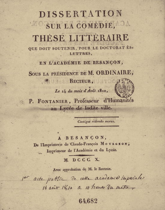 Première page de la thèse française de Pierre Fontanier, Dissertation sur la comédie.
