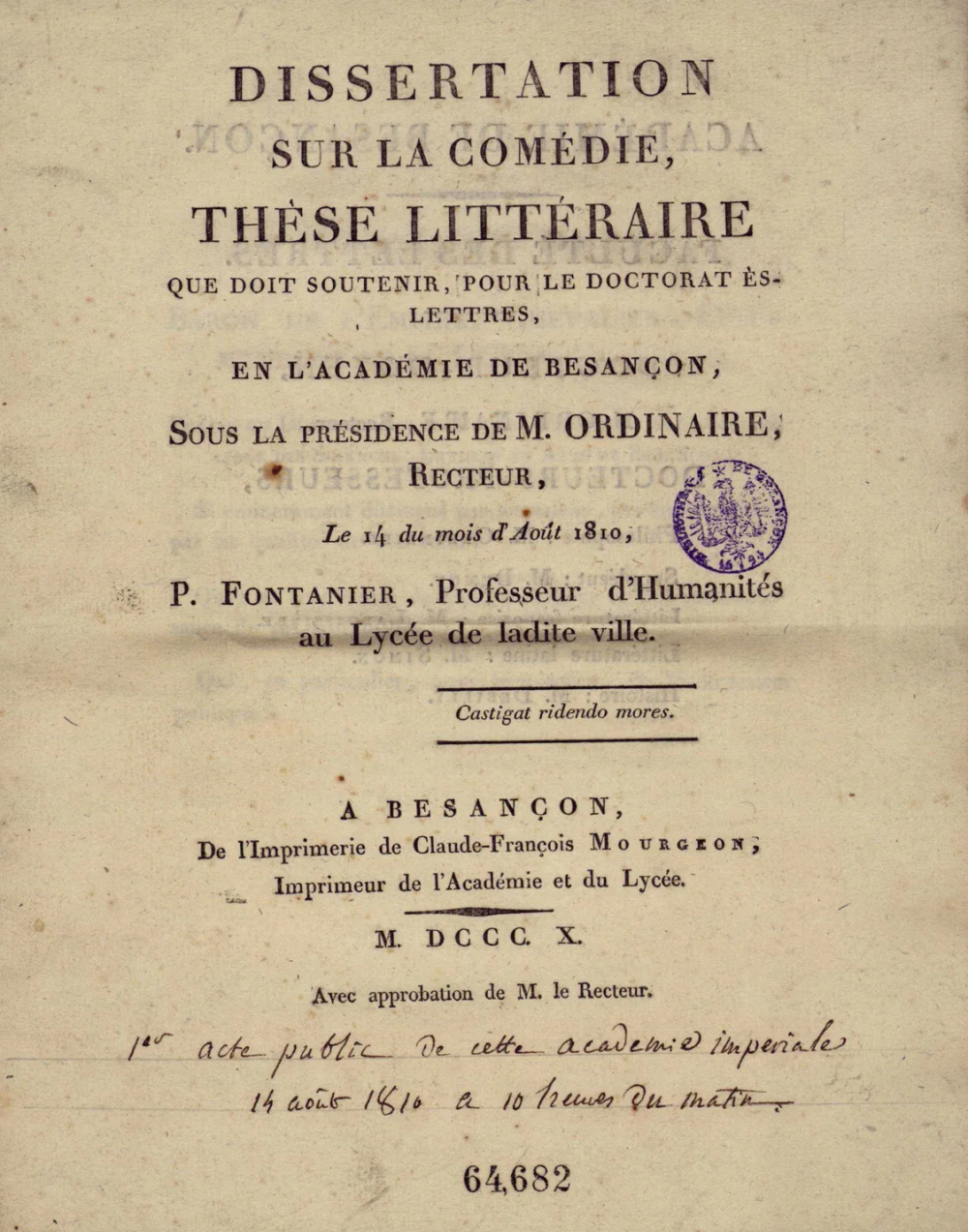Title page of Pierre Fontanier's French thesis, Dissertation sur la comédie.