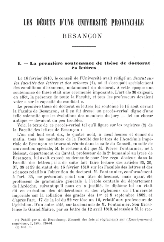 Première page d'un texte imprimé décrivant la première soutenance de thèse de doctorat ès lettres.