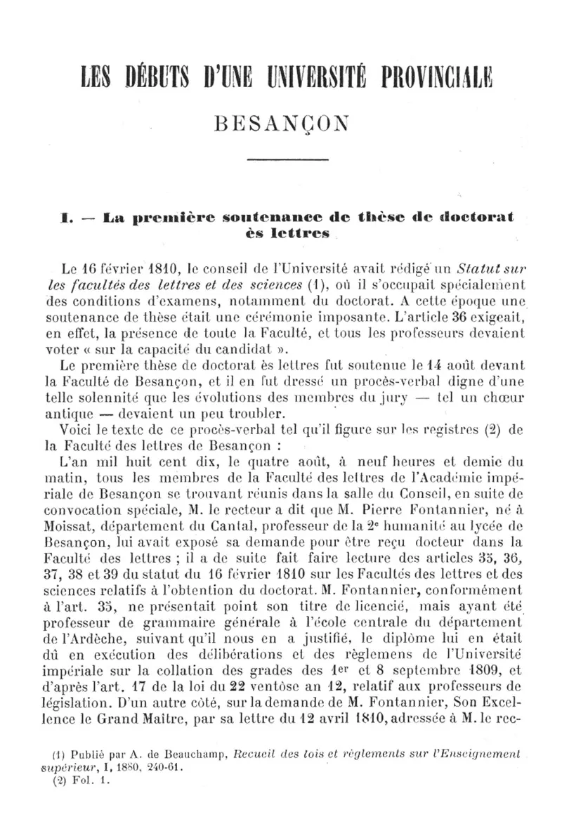 First page of a printed text describing the first Doctor of Letters thesis defense.