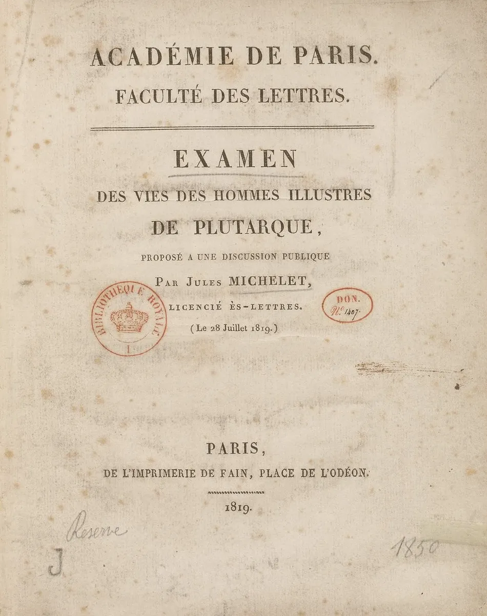 Title page of a printed work in French bearing a stamp of the royal library.