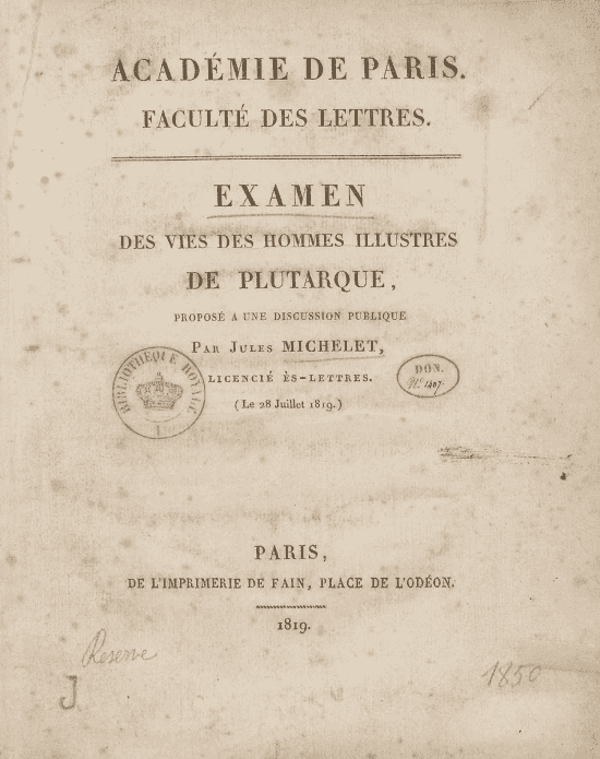 Page de titre d'un ouvrage imprimé, en français, présentant un tampon de la bibliothèque royale.