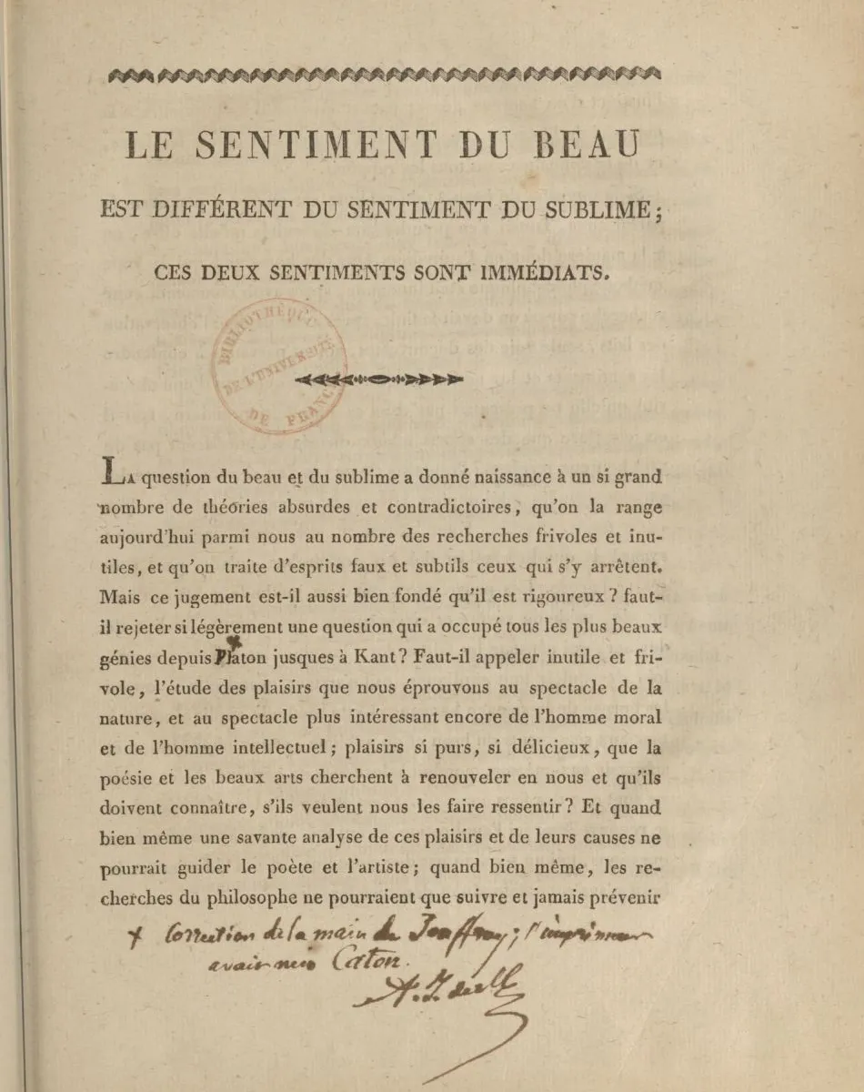 First page of a printed thesis bearing a stamp of the library of the Université de France.