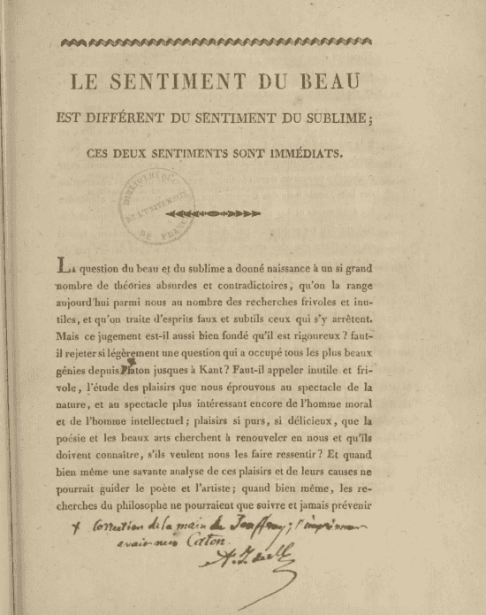 Première page d'une thèse imprimée comprenant un tampon de la bibliothèque de l'université de France.