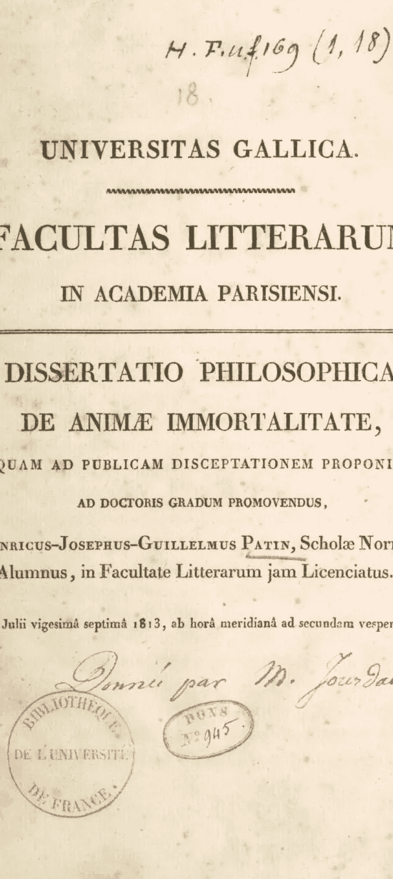 Page de titre d'une thèse latine comprenant un tampon de la Bibliothèque de l'université de France.