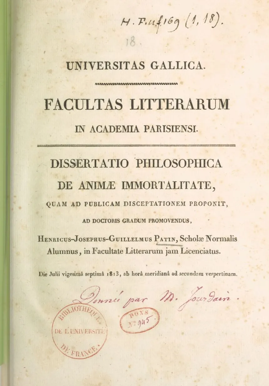 Title page of a Latin thesis bearing a stamp of the library of the Université de France.