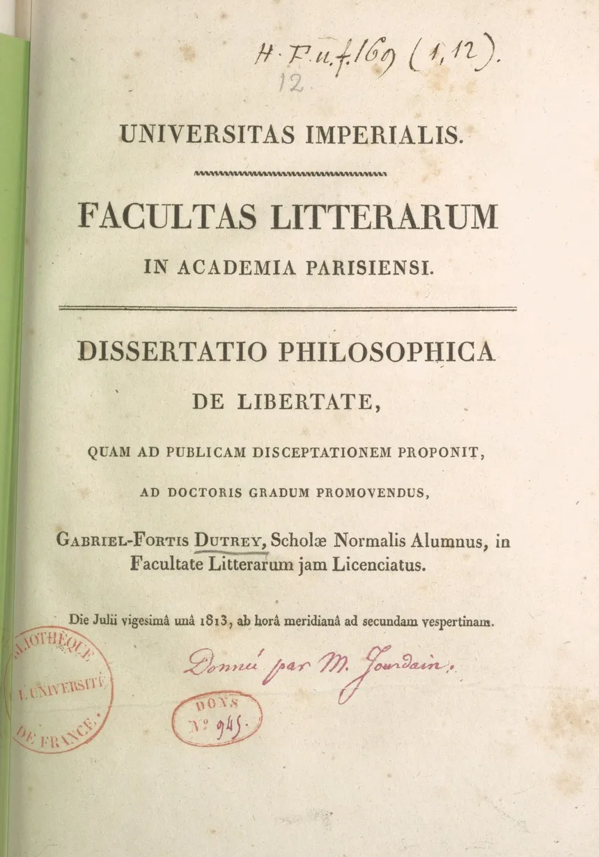 Title page of a Latin thesis bearing a stamp of the library of the Université de France.