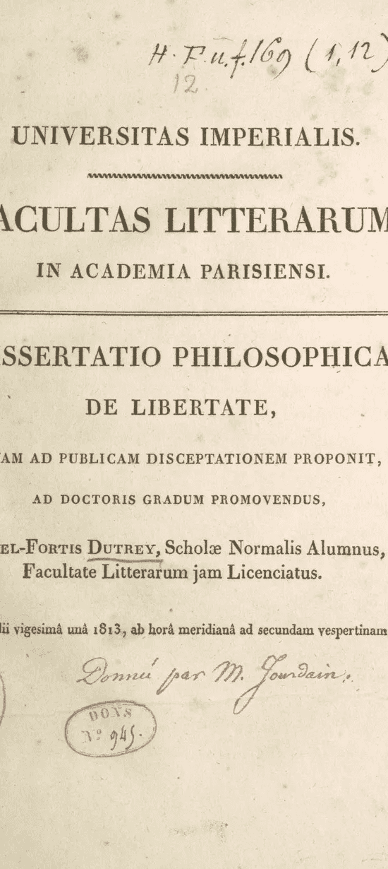 Page de titre d'une thèse latine comprenant un tampon de la Bibliothèque de l'université de France.