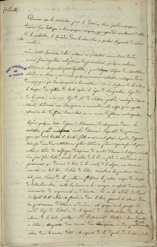 Page manuscrite du projet d'une thèse sur Thucydide et portant un tampon indiquant Bibliothèque de Mr Cousin