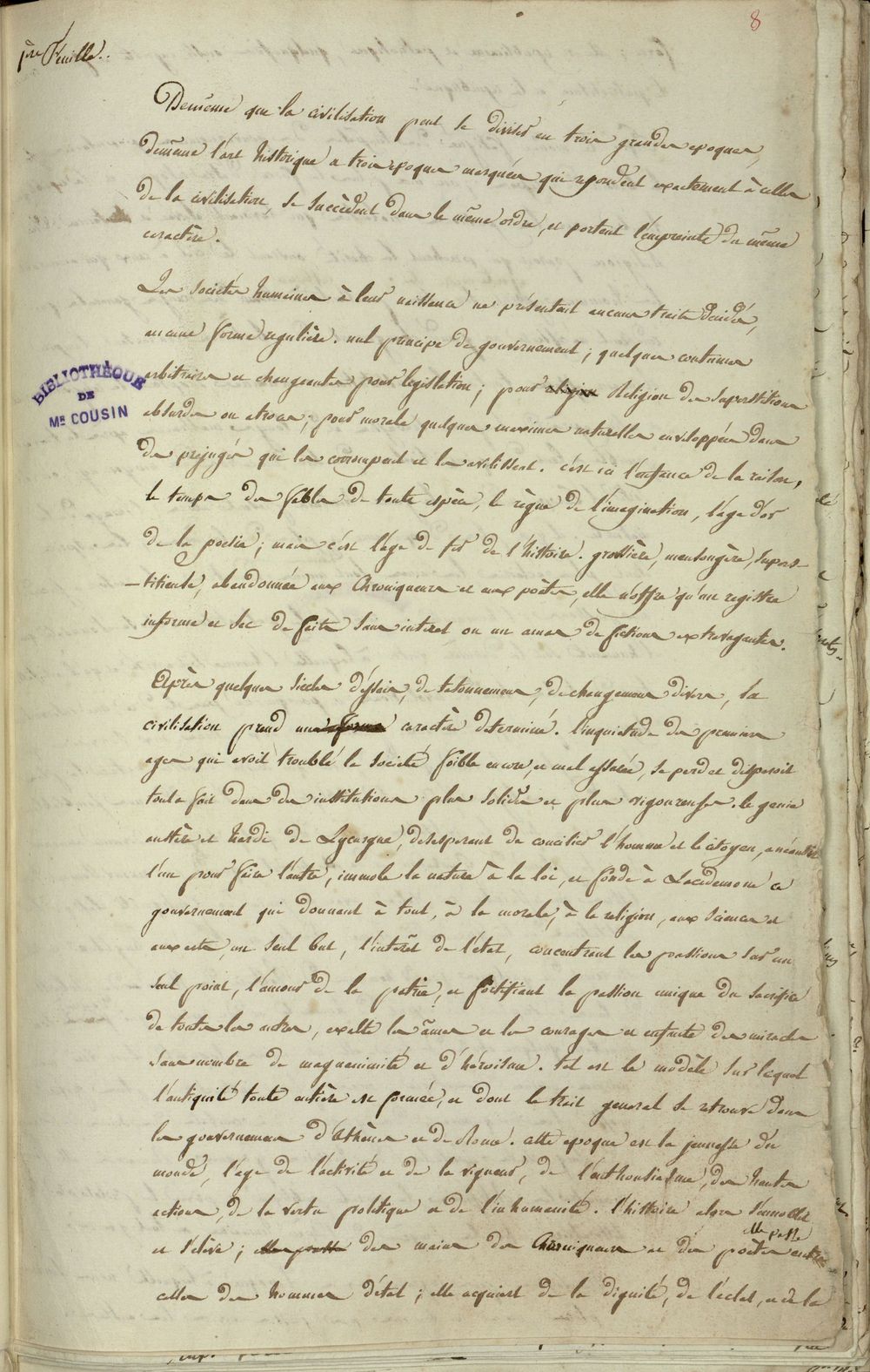 Manuscript page from the Thucydides thesis project bearing a stamp reading 'Bibliothèque de Mr Cousin'.