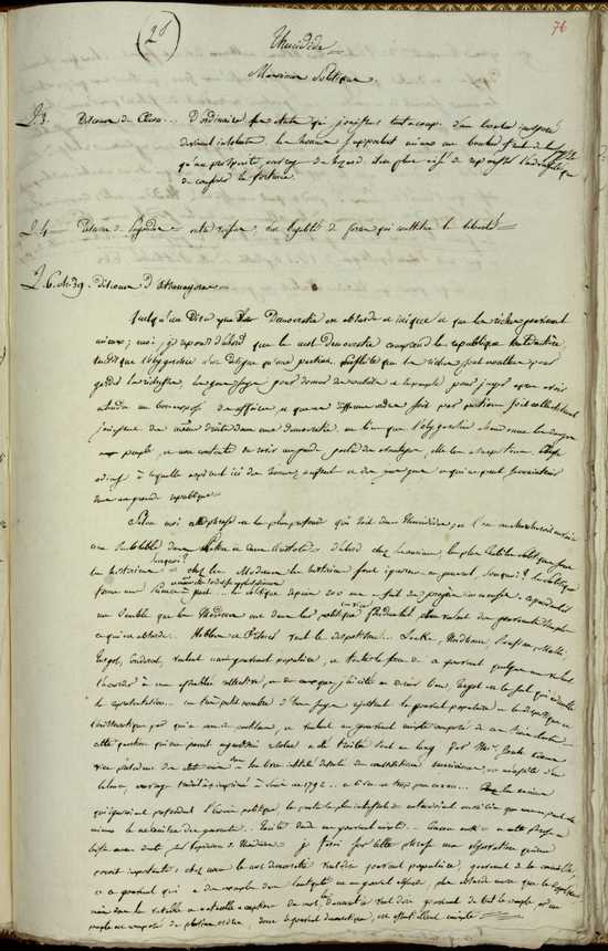 Page manuscrite du projet d'une thèse sur Thucydide et portant un tampon indiquant Bibliothèque de Mr Cousin