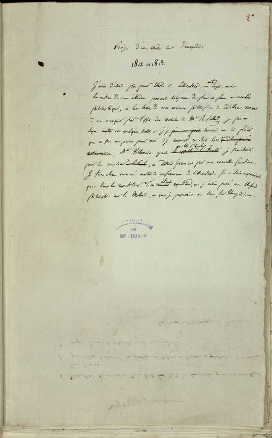 Page manuscrite intitulée Projet d'une thèse sur Thucydide et portant un tampon indiquant Bibliothèque de Mr Cousin