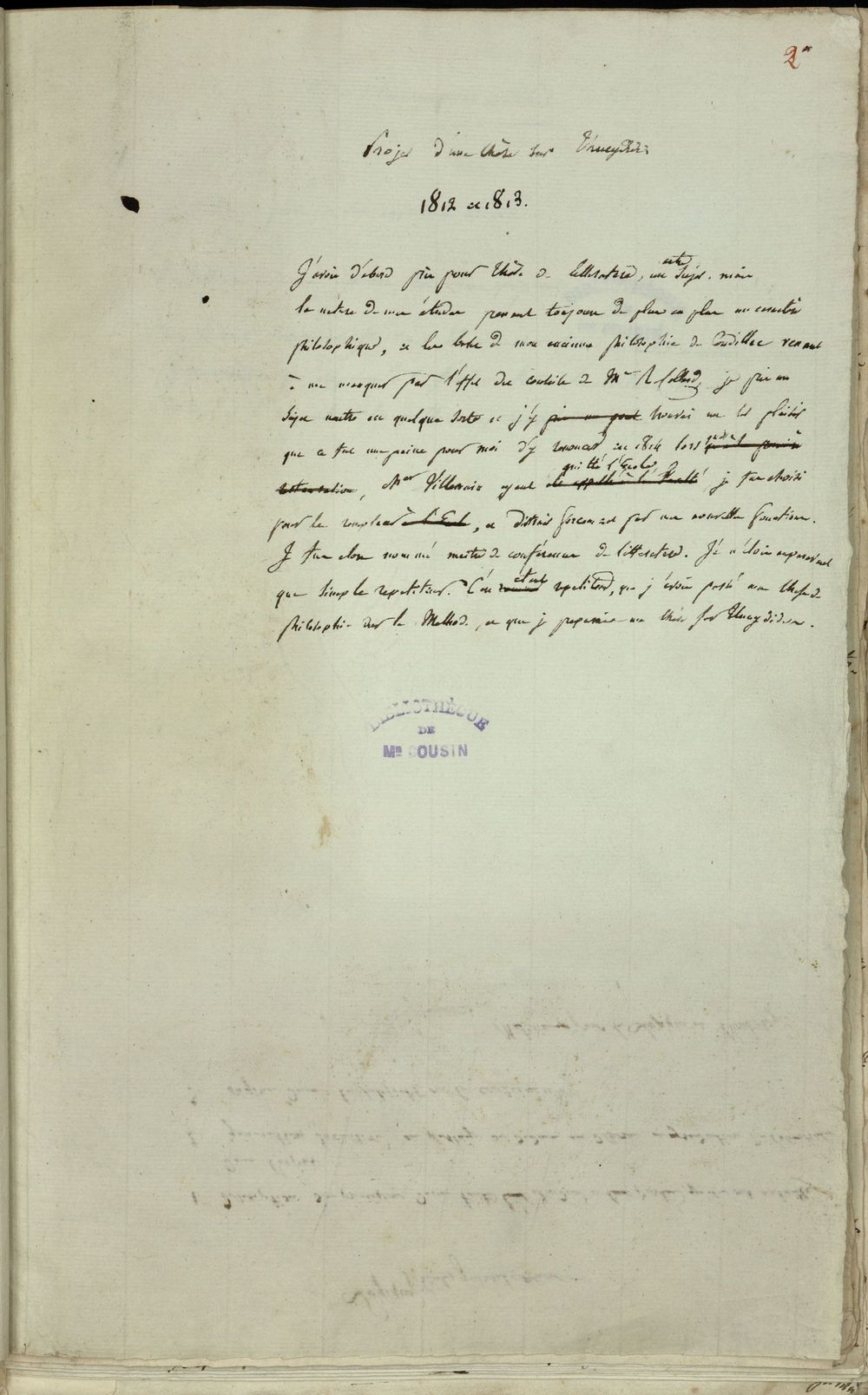 Manuscript page titled 'Projet d'une thèse sur Thucydide' bearing a stamp reading 'Bibliothèque de Mr Cousin'.