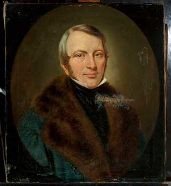 Tableau à l'huile présentant un homme blond aux yeux bleus vêtu d'un manteau de fourrure.