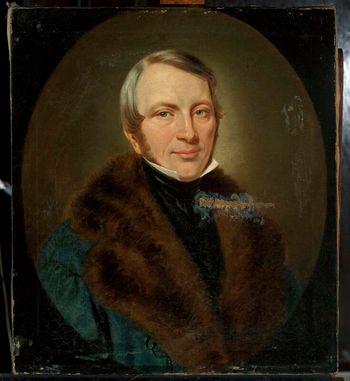 Oil painting of a fair-haired, blue-eyed man wearing a fur coat.