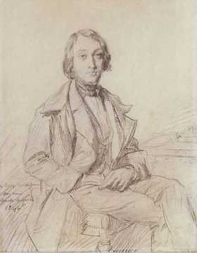 Dessin au graphite d'un homme assis vêtu à la mode du milieu du XIXe siècle.