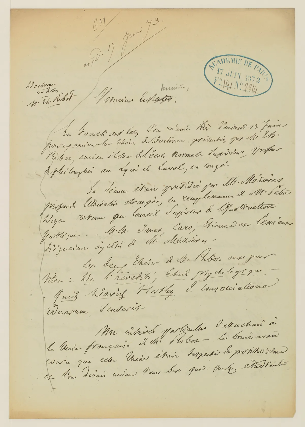 Page with handwritten text in black ink and a blue stamp of the Académie de Paris.