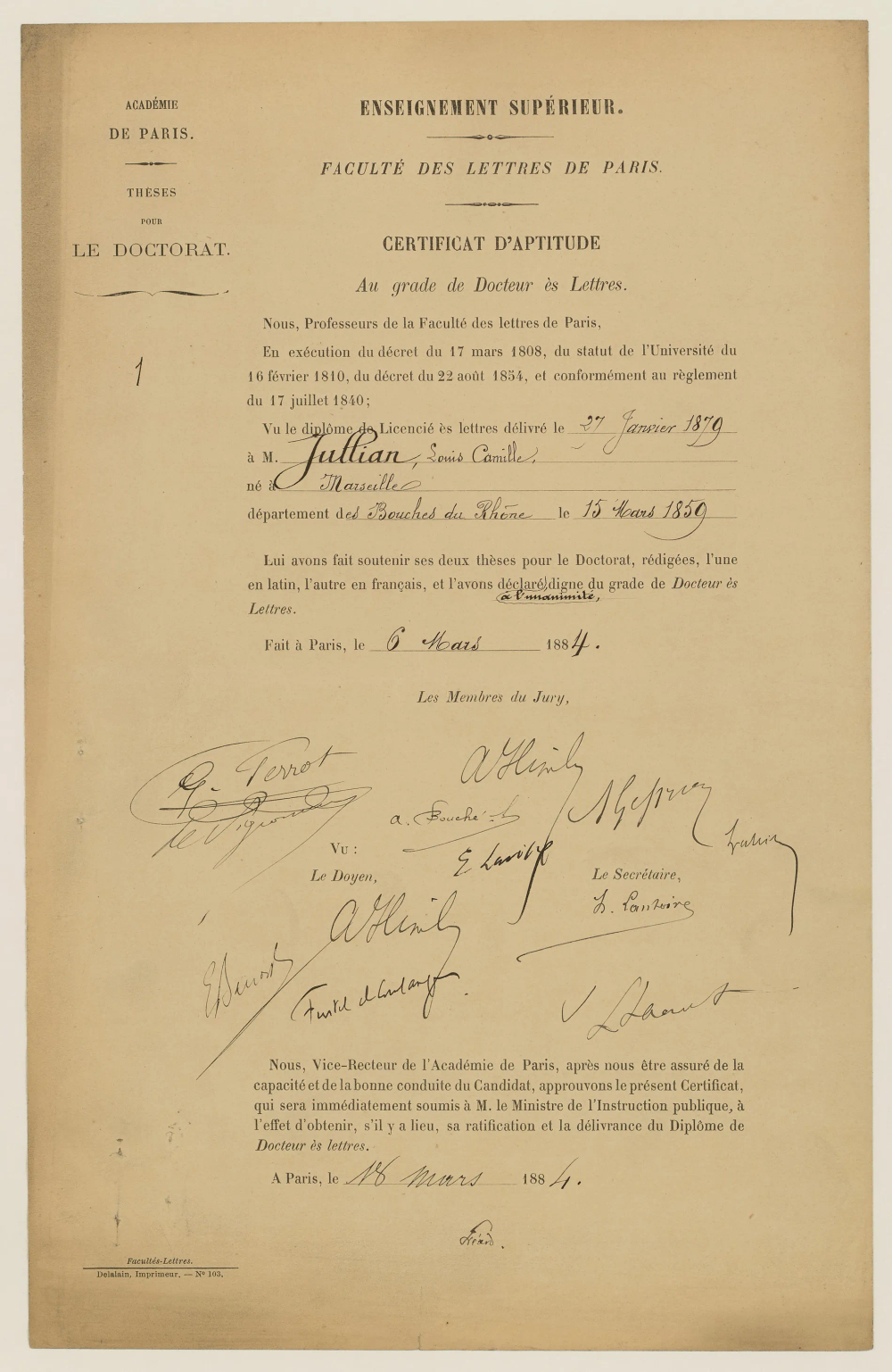 Printed form, completed with handwritten entries.
