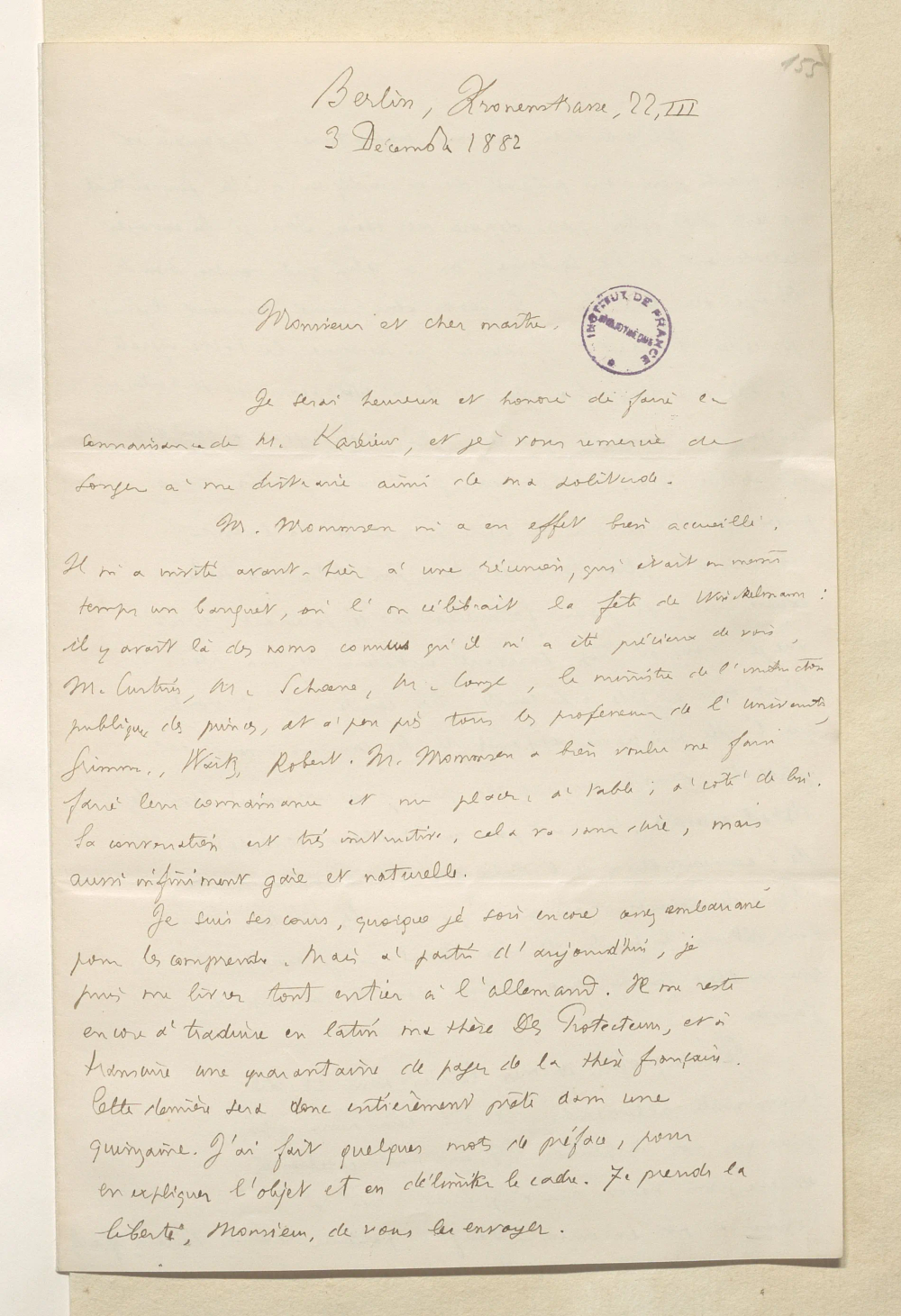 First page of a handwritten letter in black ink bearing a black Bibliothèque Institut de France stamp.