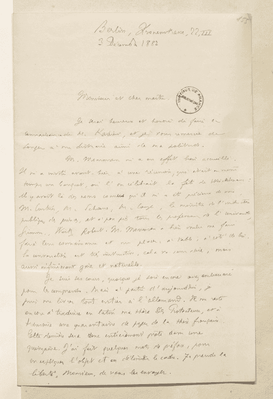 Première page d'une lettre manuscrite à l'encre noire portant un tampon noir Bibliothèque Institut de France.