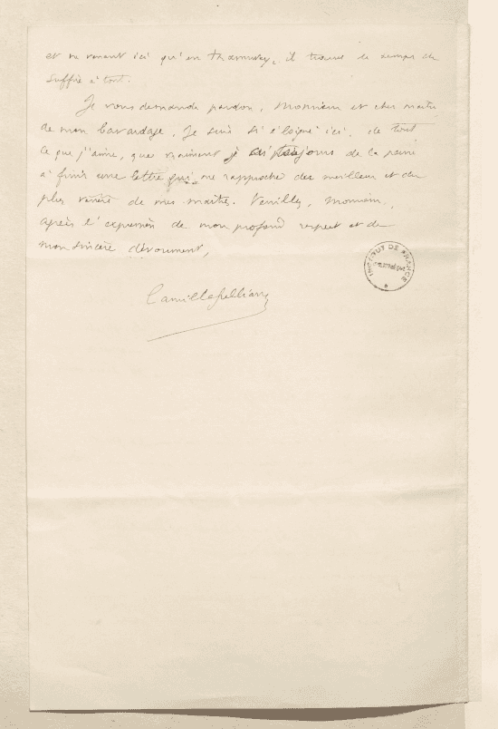 Page d'une lettre manuscrite à l'encre noire portant un tampon noir Bibliothèque Institut de France et la signature de Camille Jullian.