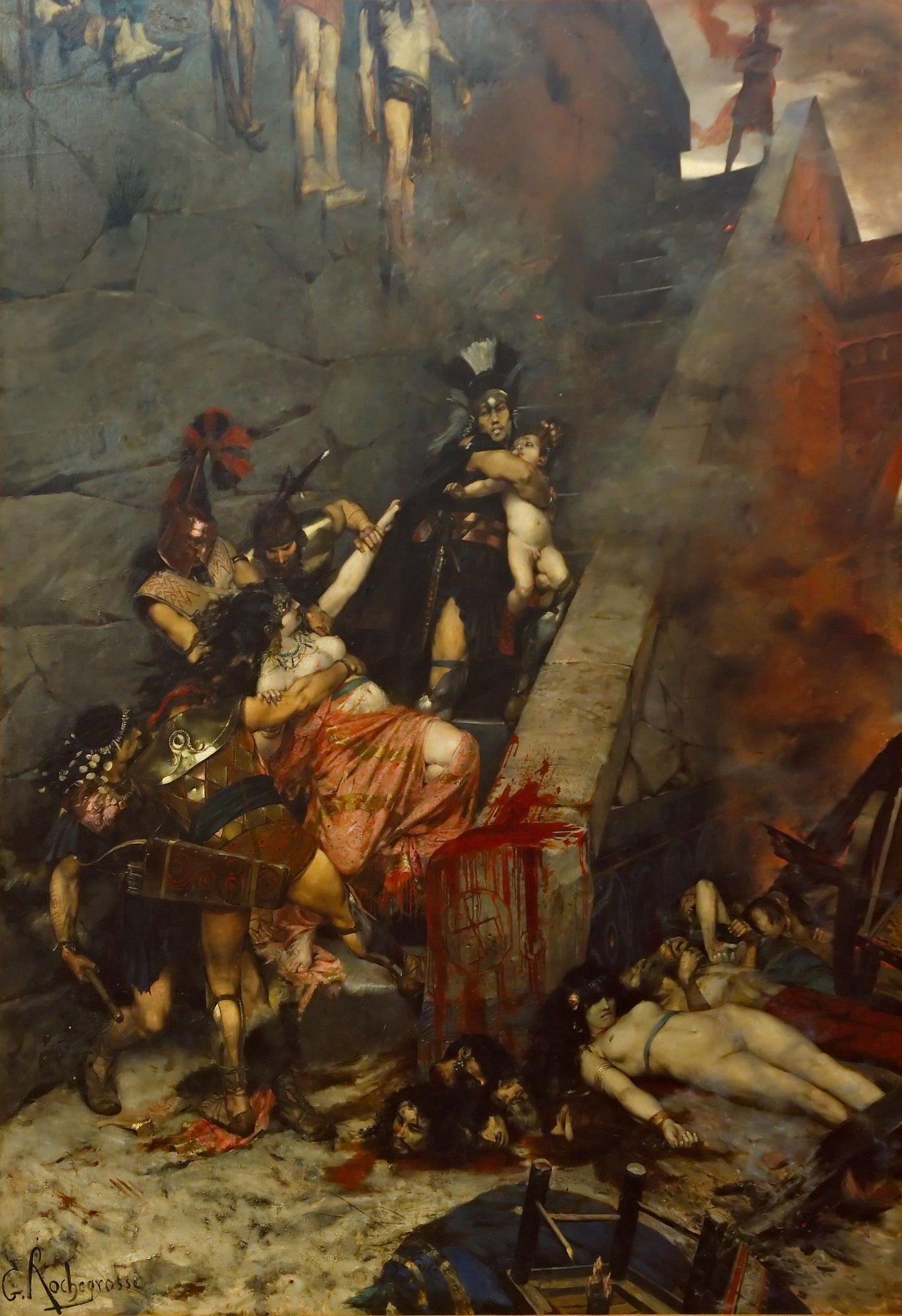 Dans un escalier, des soldats vêtus à l'antique maîtrisent une femme à moitié nue, tandis qu'un autre soldat emporte un enfant dans ses bras. Au bas de l'escalier se trouvent des têtes décapitées et des corps sans vie.