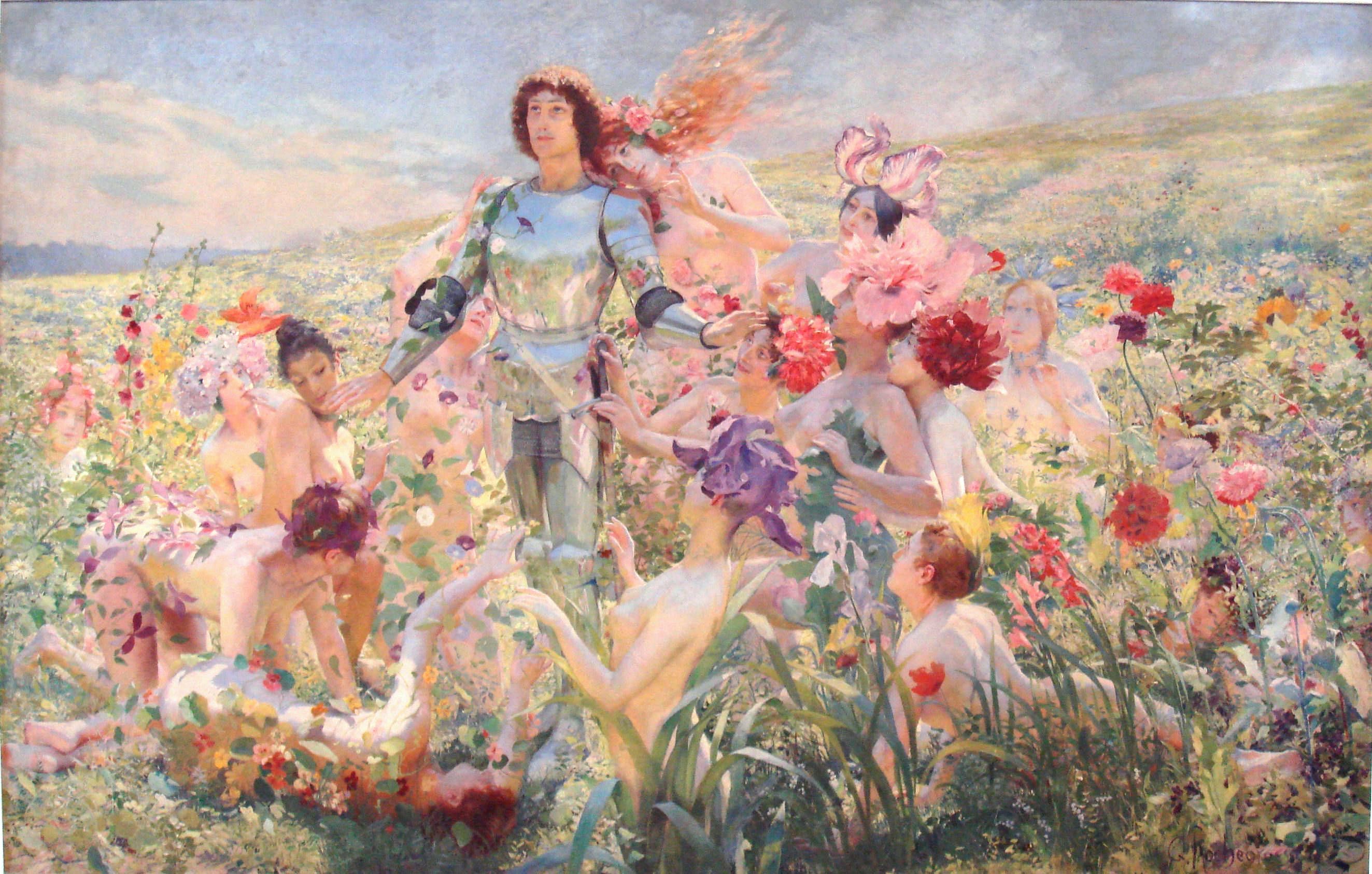 Dans un champ de fleurs multicolores, un chevalier en armure rutilante est entouré de femmes et d'hommes nus, coiffés de fleurs.