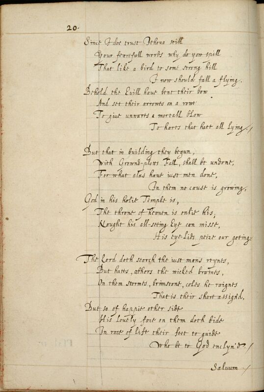 MS 1110, page de titre (à gauche). Détail de la page de titre d'un manuscrit anglais du XVIIe s. sur papier : titre à l'encre noire, calligraphié, initiales ornées.