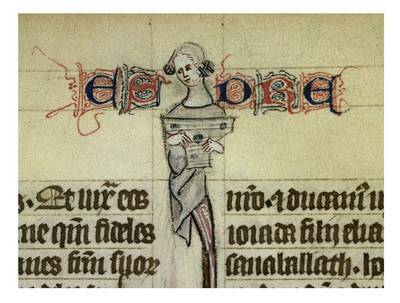 MS 9, f. 162. Détail d'une page de manuscrit médiéval sur parchemin : drôlerie en marge supérieure montrant une femme en buste jouant du psalterion, de part et d'autre, initiales filigranées composant le titre courant "ESDRE", bleu et rouge en alternance.