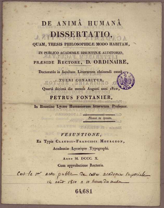 Page de titre avec un texte en latin et un tampon de la bibliothèque de Besançon