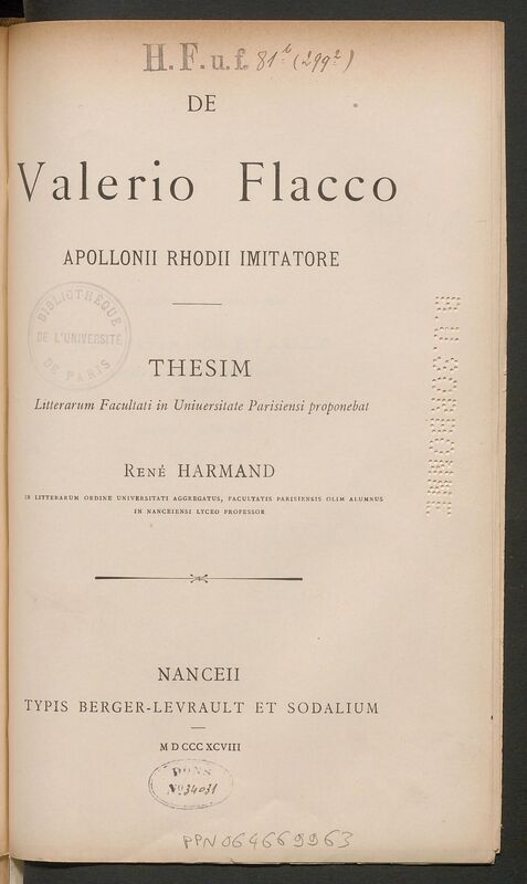 De Valerio Flacco, Apollonii Rhodii imitatore / René Harmand,..