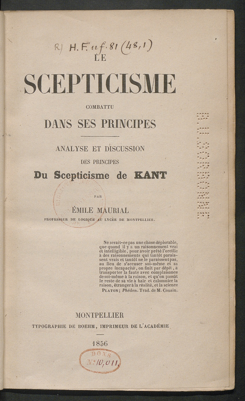 Le scepticisme combattu dans ses principes : analyse et discussion des principes "Du scepticisme" de Kant