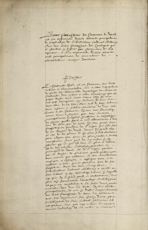 Page de manuscrit à une seule colonne, d'une écriture du 17e siècle, avec un titre sous le premier paragraphe "Préface".