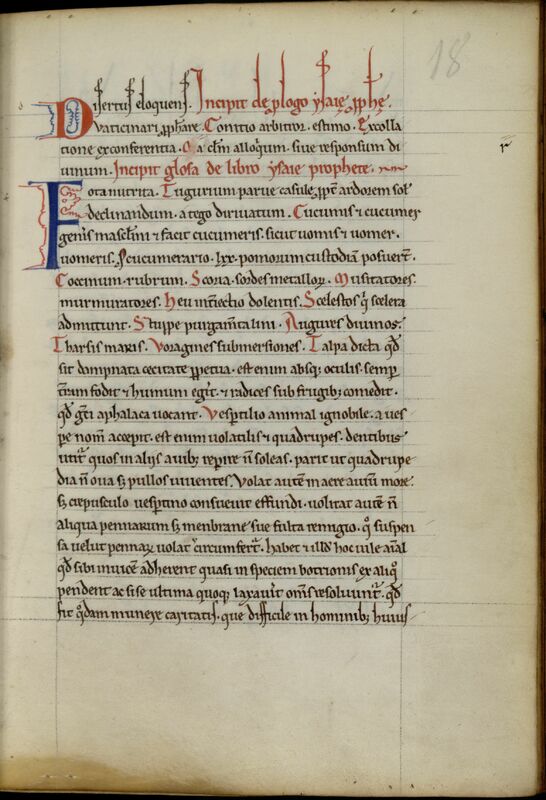 MS 1213, f. 18r. Page d'un manuscrit médiéval : texte à longues lignes ; en partie supérieure, deux initiales, la première à l'encre rouge ourlée de bleu ("D/isertus"), la seconde à l'encre bleue ourlée de rouge ("F/oca") et  deux incipit mis en valeur à l'encre rouge ; à la première ligne de texte, hampes de lettres très allongées débordant sur la marge supérieure.