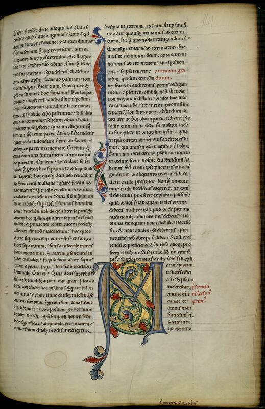 MS 26, f. 141r. Page d'un manuscrit médiéval : texte sur deux colonnes ; en partie supérieure de la colonne de droite, sur la moitié de sa hauteur, grande initiale I en rouge, vert et bleu avec motifs végétaux en prolongement, marquant le début du texte "J/ustum quidem erat..." ; au bas de la colonne de droite, grande initiale M bleu et beige à décor de rinceaux bleu, vert et rouge sur fond or, marquant le début du texte "M/emento Dne David".