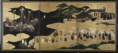 Paravent en six panneaux Namban Byobu dit des Portugais représentant l'arrivée des Portugais au Japon au 16e siècle.