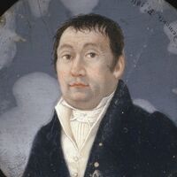 Petit portait rond présentant un homme brun vêtu à la mode du Premier Empire. 