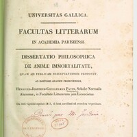 Page de titre d'une thèse latine comprenant un tampon de la Bibliothèque de l'université de France 