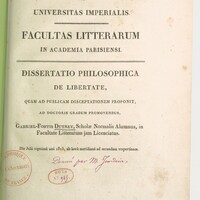 Page de titre d'une thèse latine comprenant un tampon de la Bibliothèque de l'université de France 