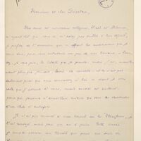 Première page d'une lettre manuscrite à l'encre bleue portant un tampon noir Institut de France