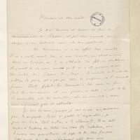 Première page d'une lettre manuscrite à l'encre noire portant un tampon noir Bibliothèque Institut de France