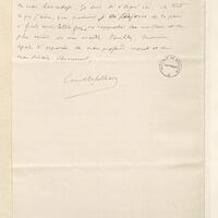 Page d'une lettre manuscrite à l'encre noire portant un tampon noir Bibliothèque Institut de France et la signature de Camille Jullian